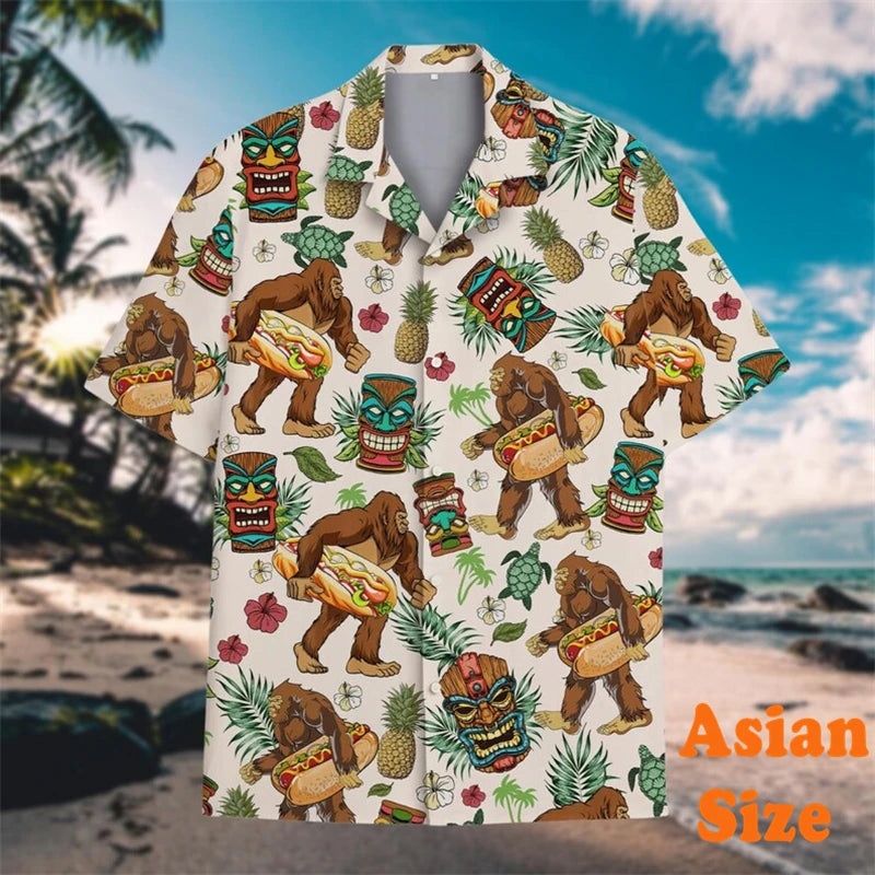 Men's Vintage Hawaiian Shirt with Bigfoot Flamingo Graphic and Leaf Print - Short Sleeve Vacation Tee