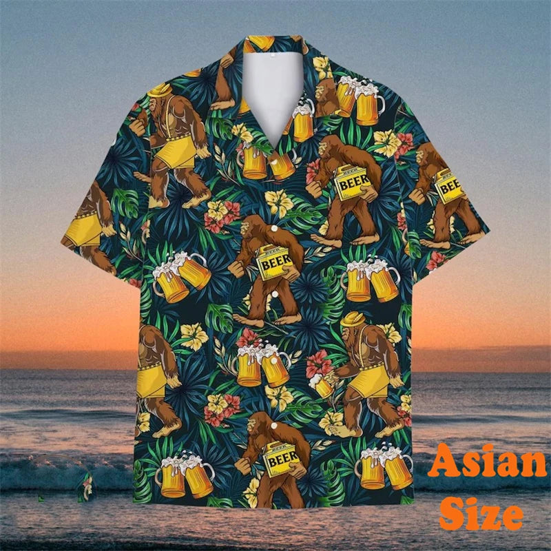 Men's Vintage Hawaiian Shirt with Bigfoot Flamingo Graphic and Leaf Print - Short Sleeve Vacation Tee
