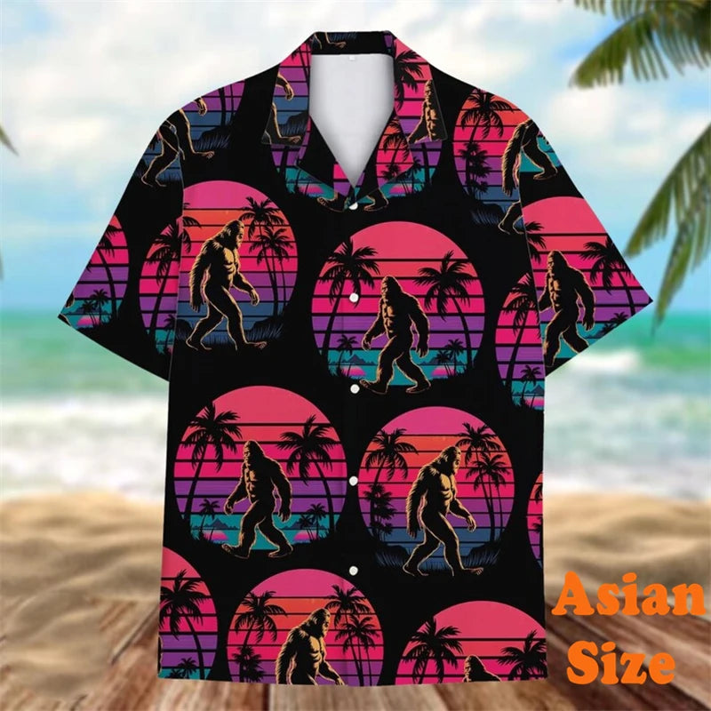 Men's Vintage Hawaiian Shirt with Bigfoot Flamingo Graphic and Leaf Print - Short Sleeve Vacation Tee