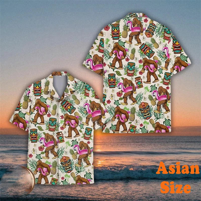 Men's Vintage Hawaiian Shirt with Bigfoot Flamingo Graphic and Leaf Print - Short Sleeve Vacation Tee