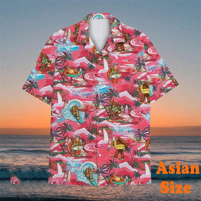 Men's Vintage Hawaiian Shirt with Bigfoot Flamingo Graphic and Leaf Print - Short Sleeve Vacation Tee