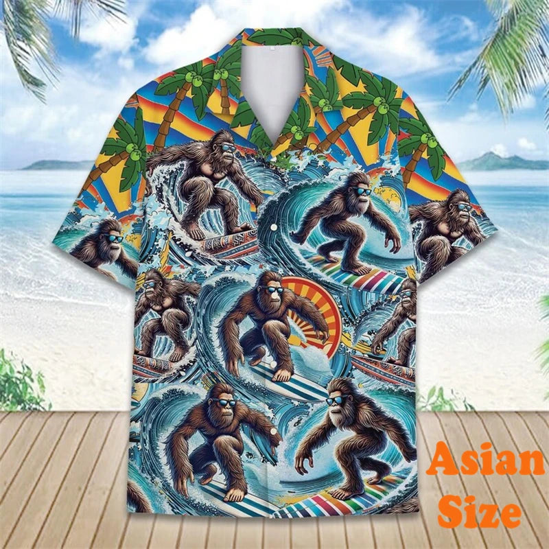 Men's Vintage Hawaiian Shirt with Bigfoot Flamingo Graphic and Leaf Print - Short Sleeve Vacation Tee