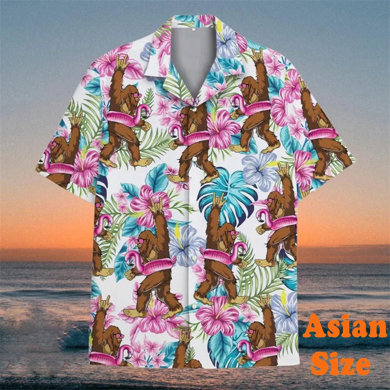 Men's Vintage Hawaiian Shirt with Bigfoot Flamingo Graphic and Leaf Print - Short Sleeve Vacation Tee