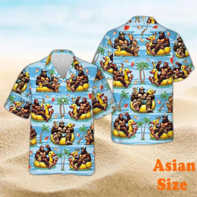 Men's Vintage Hawaiian Shirt with Bigfoot Flamingo Graphic and Leaf Print - Short Sleeve Vacation Tee