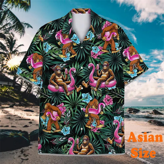 Men's Vintage Hawaiian Shirt with Bigfoot Flamingo Graphic and Leaf Print - Short Sleeve Vacation Tee